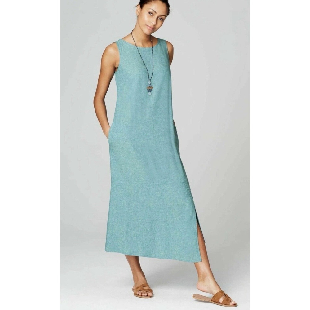 New J. Jill Linen Maxi Azimmetric Slip Dress Turquoise Tunic Linen Blend SP